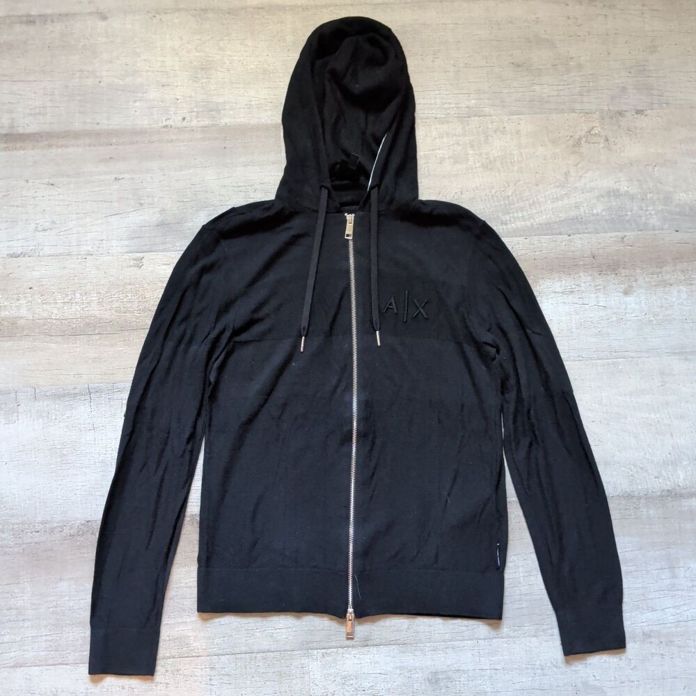 Armani Exchange Men's Full Zip Knit Hoodie Black Logo Sweater Cardigan Size S